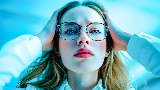 Femme se tenant la t&ecirc;te dans les mains pour cause de maux de t&ecirc;te