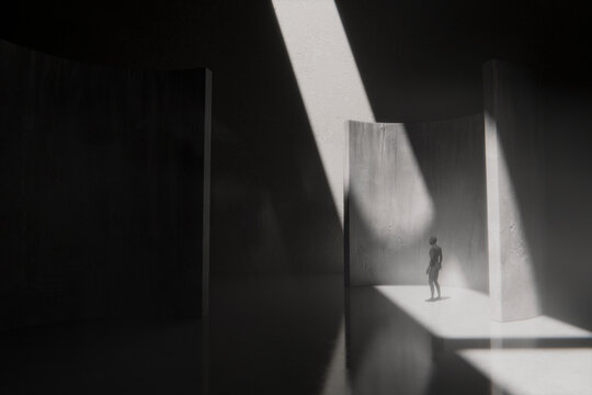3D liminal light chamber with solitary figure and shadow