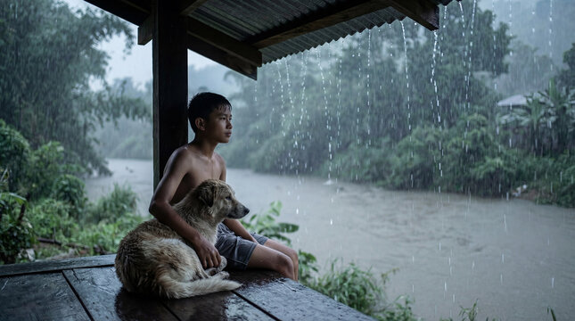 Pensive young boy and his dog sit on a wooden porch, watching heavy monsoon rain falling over a muddy river and lush green tropical jungle.