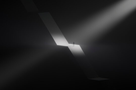 3D stair crossing figure in vast darkness and white beam