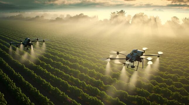High-resolution stock video of smart agriculture, autonomous drones spraying water perfectly aligned crop rows, sunlight filtering morning mist, soil leaves detailed natural textures, soft focus