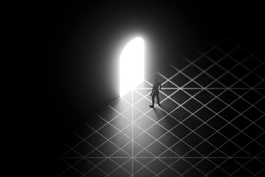 3D exit grid with lone figure near glowing doorway