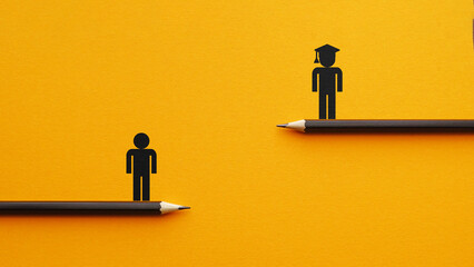 Education gap concept with graduate and unskilled person on separate levels, inequality in learning, career opportunities and social mobility symbol on yellow background © Andrii