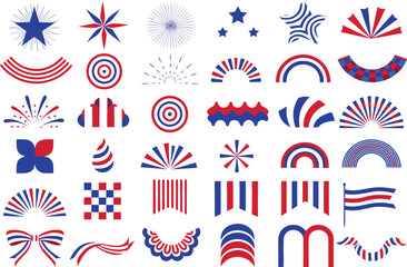 Obraz premium Collection of various patriotic american themed graphic design elements in red white and blue Vector