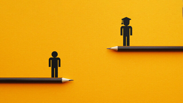 Education gap concept with graduate and unskilled person on separate levels, inequality in learning, career opportunities and social mobility symbol on yellow background