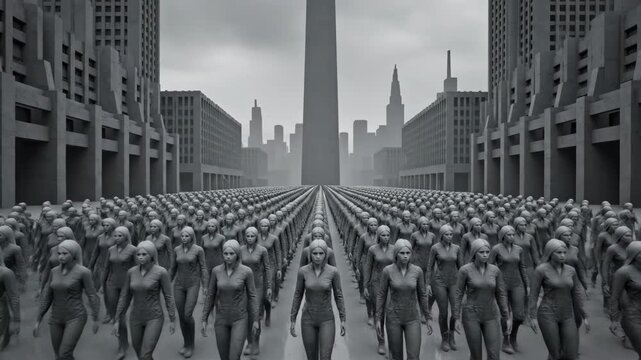 Monochromatic Cityscape With Rows Of Identical Female Figures Marching Forward On Overcast Day