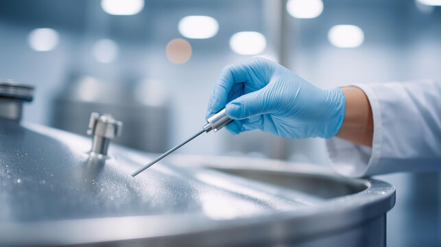 Faceless worker's hands adjusting digital temperature probe in a bright stainless steel fermentation tank in a modern food manufacturing facility. A technical and precise scene of fermentation