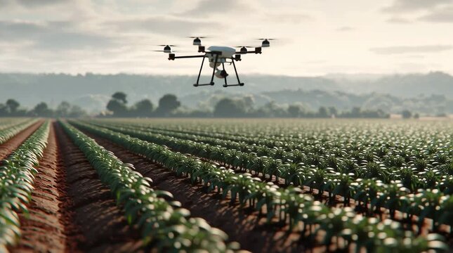 High-tech farm rows crops, IoT sensors soil, drones scanning fields, autonomous tractors planting, floating data visualizations crop health soil moisture, morning light, cinematic drone motion, 4K
