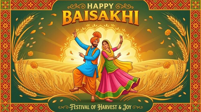 Festive Baisakhi of a Sikh couple dancing energetically in a sunlit wheat field, adorned with colorful traditional clothing and borders