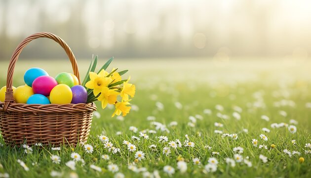 A wicker basket filled with painted easter eggs, grass and daffodils sat in a lush green spring meadow to celebrate a religious event, Easter, with a wide banner style display background. Easter / Spr