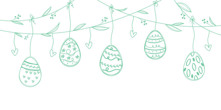 Decorative hanging easter eggs on leafy vines with spring patterns and floral elements isolated on white background