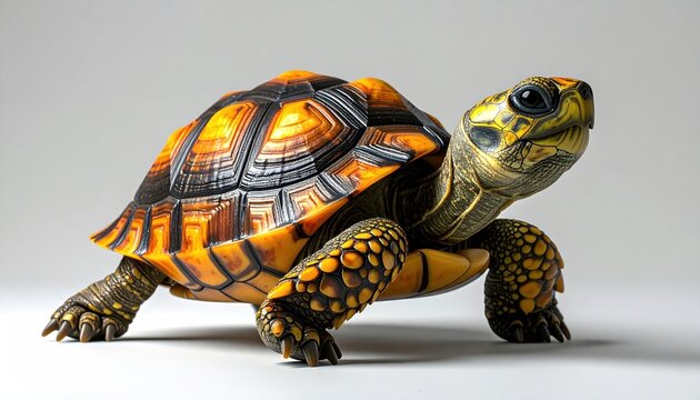 A vibrant yellow-footed tortoise with a patterned shell stands on a white surface.