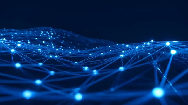 Glowing blue network nodes connected by glowing lines forming abstract digital data landscape with depth motion and futuristic technology node connection mesh grid for digital connectivity wave