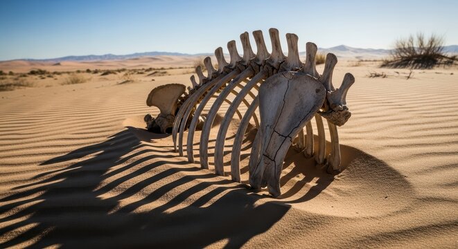 Animal Skeleton Remains Half Buried in Sand Dunes Under Clear Blue Sky