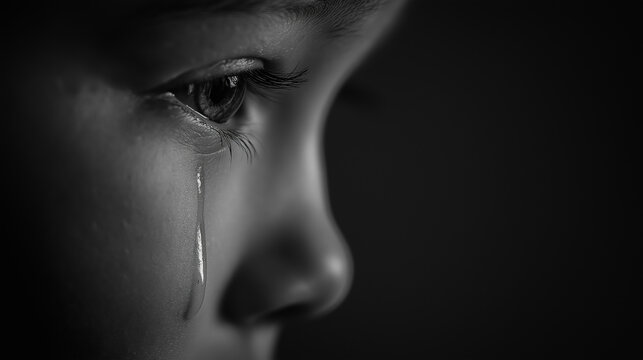 Young child crying, a single tear falling down the cheek in a poignant black and white close up, illustrating concepts of sadness, loss, loneliness, and emotional vulnerability, copy space