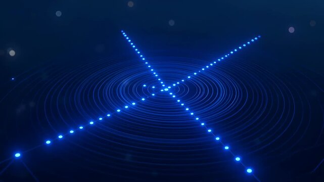 Glowing blue digital grid with dotted line convergences and concentric circle wave pattern, futuristic abstract technology scene with glowing blue constellation lights, soft bokeh depth