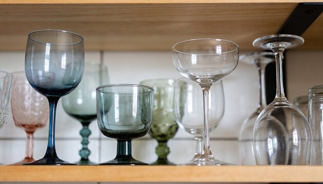 Displaying assorted stemmed glassware resting on wooden shelf in kitchen, with inverted wine glass