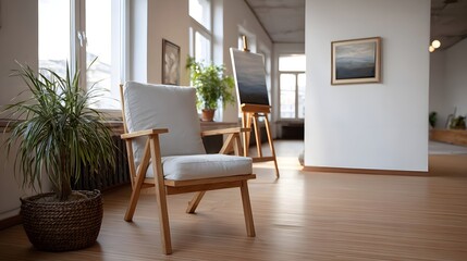 Fototapeta premium A modern art studio with a wooden chair easel and potted plant bathed in natural light