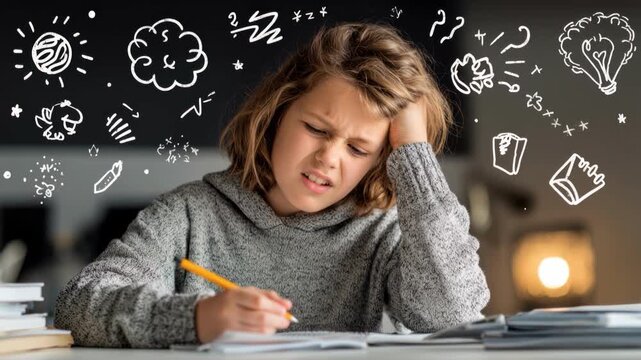 Tired white girl studying at desk, pencil in hand, notebook open, doodle idea icons on chalkboard, sweater and warm lamp glow, late evening focus with furrowed brow, holding head while solving math