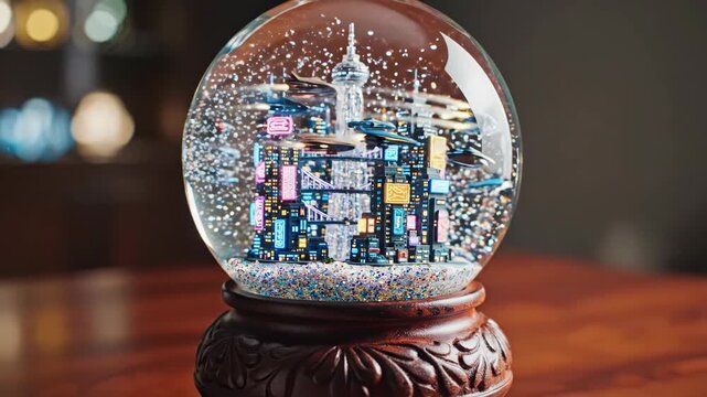 Sparkling Cityscape Snow Globe with Tower and Colorful Buildings on Wooden Table