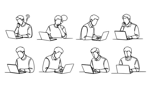 Male freelance remote worker continuous line art set man using laptop vector illustration