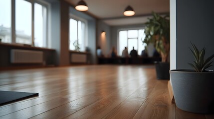 Fototapeta premium Spacious wooden floor studio with blurred figures and plants seen from a low angle