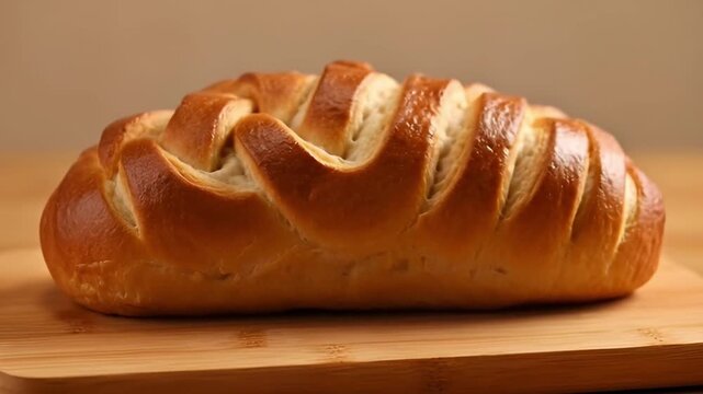 Freshly baked bread loaf on wooden board food photography