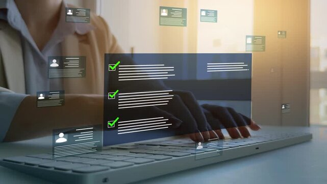 Employees must complete online survey form with answer test questions. Human resources and management employment.Digital questionnaire and business communication concept.	
