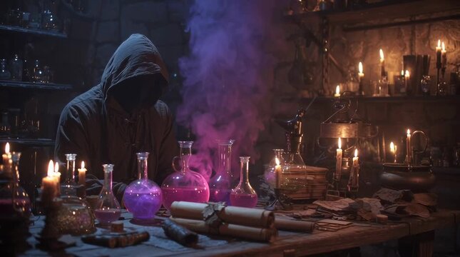 Medieval alchemist workshop, hooded alchemist mixing glowing potions, ancient scrolls mystical instruments wooden table, colored smoke rising, floating magical particles, candlelight flickering shadow