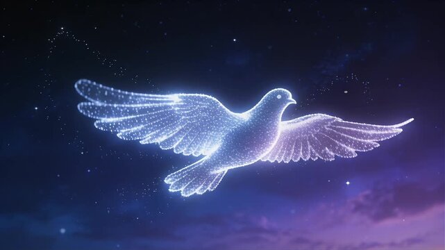 white dove silhouette made of glowing stars flying through calm night sky for stress awareness and peace concept