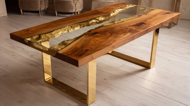 Expensive vintage furniture. The table is covered with epoxy resin and varnished. Luxury quality wood processing. Wooden table on a dark background. A gold epoxy river in a rectangular tree slab.