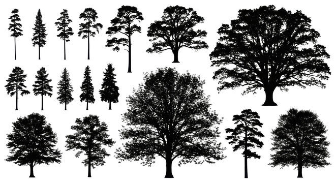 Highly detailed solid black tree silhouettes of diverse pines, firs, oaks, maples, varying sizes, sharp edges, no internal detail, isolated on transparent studio background with ample copy space,