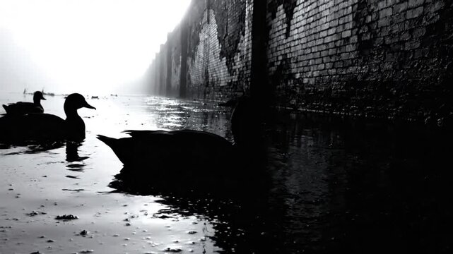 Black and white shot of ducks swimming in urban waterway with a brick wall and fog