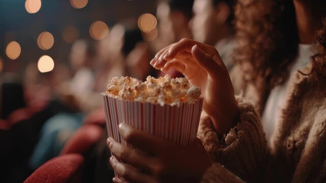 Closeup woman reaching for popcorn in dim cinema, curly hair, knitted sweater, striped popcorn tub, buttery kernels, red seats, blurred audience with bokeh lights, intimate date night vibe, fingers