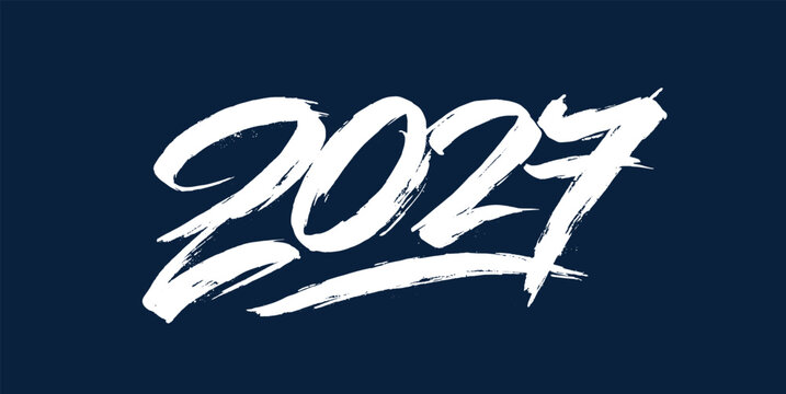 White 2027 number typography on blue background, festive New Year celebration design	
