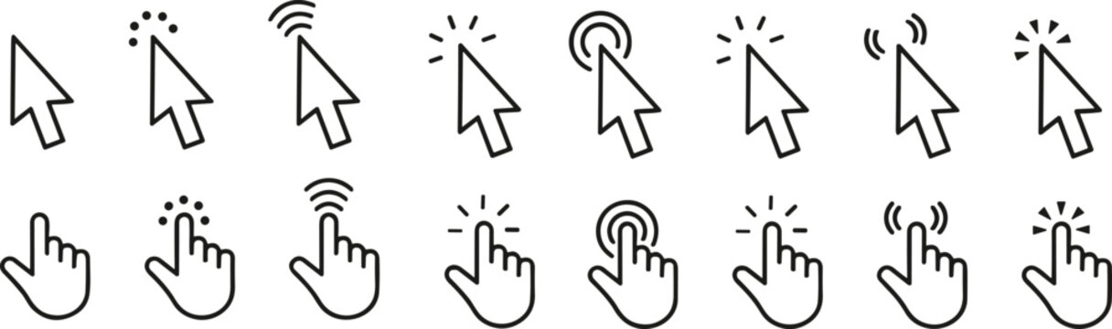 Computer line mouse click cursor arrow icons set and loading icons. Cursor icon. Vector illustration. Mouse click cursor collection.