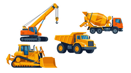 Obraz premium Collection of various construction vehicles including a bulldozer, crane, dump truck, and cement mixer, perfect for educational purposes and children's learning