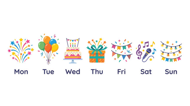Illustrated weekly calendar displaying colorful icons for each day from Monday to Sunday, representing celebrations and events