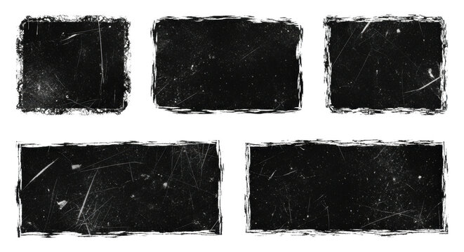 Five distinct black grunge borders with distressed edges, scratches, dust, and scuffs, showcasing worn textures on a transparent background, photorealistic flat lay for graphic design assets