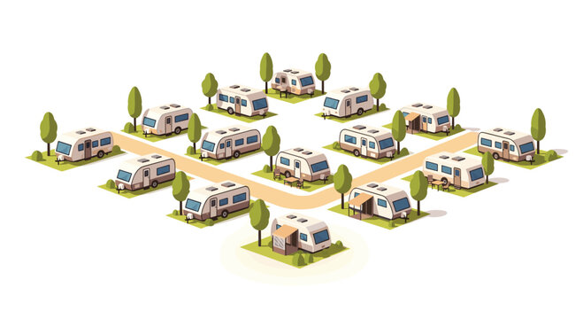 Numerous white and beige travel trailers are arranged in an isometric caravan park with paths and small trees.