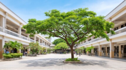 Fototapeta premium A wide view of an outdoor courtyard features a playground and school building surrounded by trees on a clear, sunny day