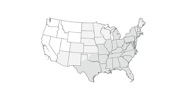 An outline map of the contiguous United States features a light gray shaded central-southern region on a white background.