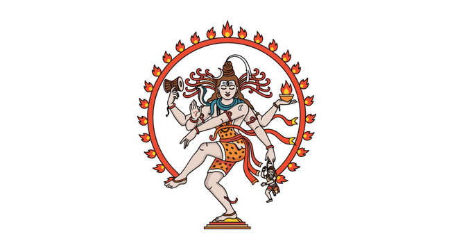 Lord Shiva as Nataraja dances dynamically within a vibrant red ring of fire, crushing a small Apasmara figure.