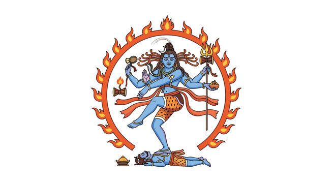 Blue-skinned Lord Shiva as Nataraja performs a vigorous dance within a fiery aureole, stepping on a recumbent Apasmara figure.