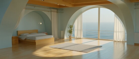Fototapeta premium The design features a light green theme with wooden furniture, a large bed, and a view of the ocean through arched windows