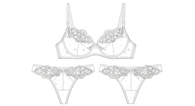 A white line art drawing shows a matching lingerie set with a bra and two thong briefs featuring floral lace and polka dots.
