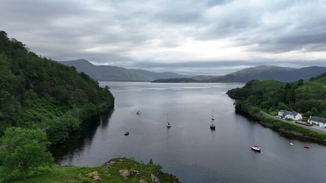 Drone Pull-Back of Sailboats Anchored in Kentallen Bay Scotland