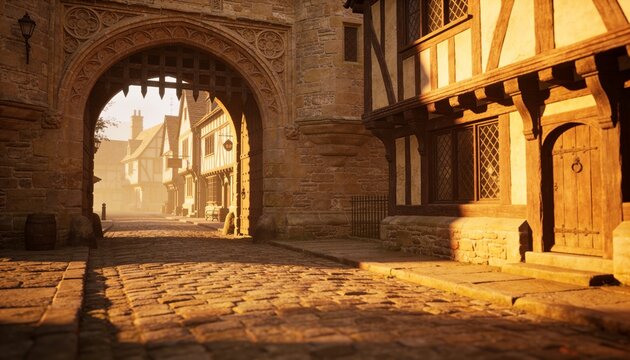 Framing carved stone gateway showing raised portcullis on historic cobbled street, with barrels
