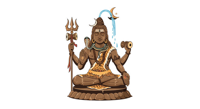 Lord Shiva is depicted in a meditative posture, seated cross-legged on a lotus base, with water flowing from his hair and holding a trident and drum.