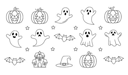 Fototapeta premium Cute Halloween linear icon set pumpkins ghosts bats vector